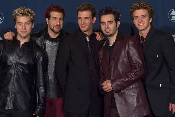 *NSYNC's Justin, Joey, Lance and Chris welcome May with the traditional jokes about ... you know