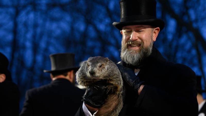 PUNXSUTAWNEY, PA - FEBRUARY 2: Groundhog handler AJ Dereume holds Punxsutawney Phil after he did not see his shadow predicting an early Spring during the 138th annual Groundhog Day festivities on Friday February 2, 2024 in Punxsutawney, Pennsylvania. Groundhog Day is a popular tradition in the United States and Canada. Over 40,000 people spent a night of revelry awaiting the sunrise and the groundhog's exit from his winter den. If Punxsutawney Phil sees his shadow he regards it as an omen of six more weeks of bad weather and returns to his den. Early spring arrives if he does not see his shadow, causing Phil to remain above ground. (Photo by Jeff Swensen/Getty Images)