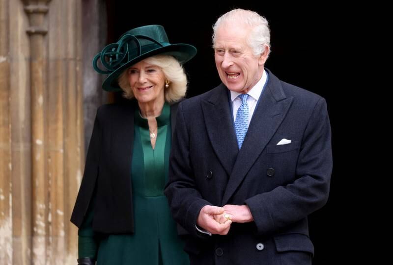 WINDSOR, ENGLAND - MARCH 31: King Charles III and Queen Camilla leave after attending the Easter Matins Service at St. George's Chapel, Windsor Castle, on March 31, 2024 in Windsor, England. (Photo by Hollie Adams - WPA Pool/Getty Images)